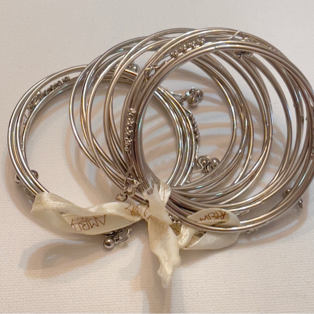 Amrita Singh Stackable Set Of SilverTone Smooth Textured Dangle Bangle Bracelets